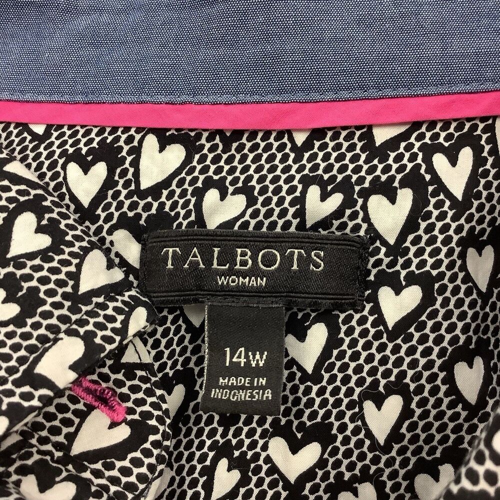 Talbots Button Front Shirt Top Heart Print Roll Tab Sleeve Women 14W Black White - Picture 6 of 15